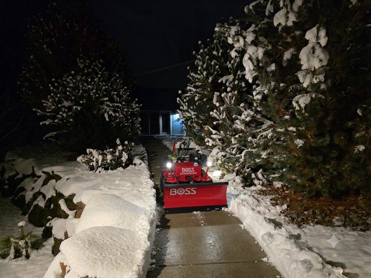 Compact snowplow clearing a residential walkway at night